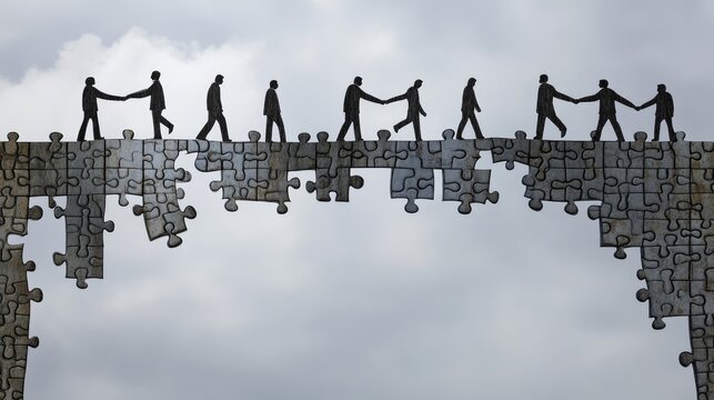 Metaphorical teamwork concept with a bridge built from multiple puzzle pieces, connecting two points