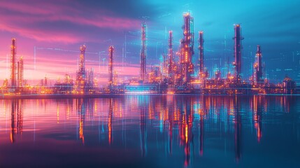 Naklejka premium Refinery or industrial complex reflecting on water with colorful sky