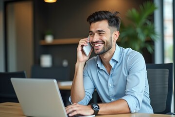 Man is smiling while talking on his cell phone