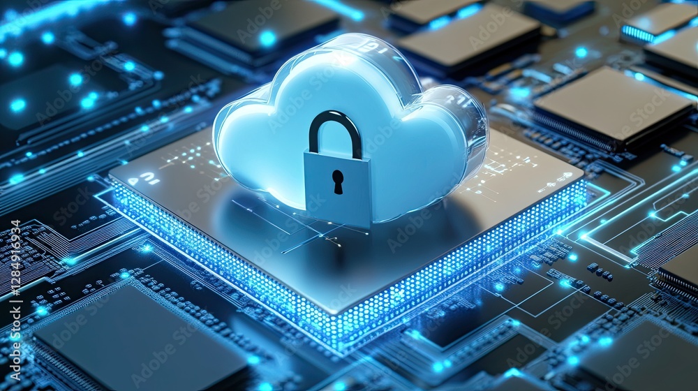 Poster 3d illustration of cloud computing security with a lock shield, emphasizing data protection and digi