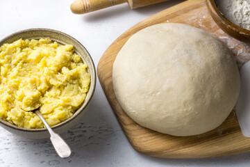 Mashed potatoes with fried onions and dough for kreplach or dumplings preparation on a gray background