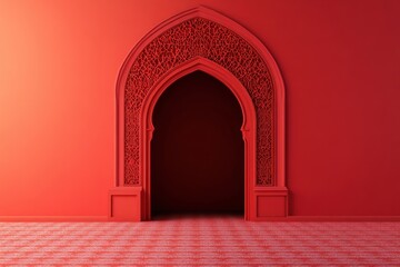 A red intricately detailed archway within a decorative wall