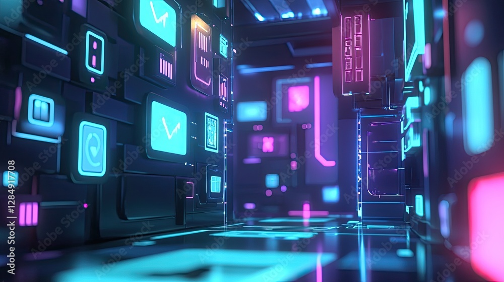 Poster 3d render of a digital interface with floating icons and glowing effects, representing tech innovati