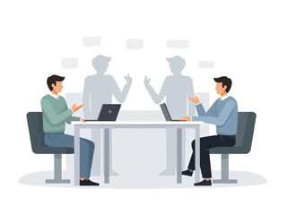  A group of faceless business professionals, engaged in conversation around a table, representing teamwork and brainstorming