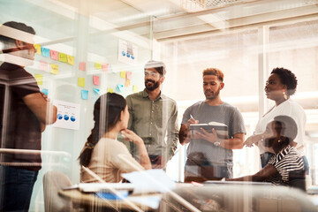 Creative, notes and business people in workshop for ideas, brainstorming or project collaboration...