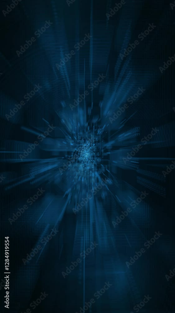 Wall mural vertical tech tunnel fast travel blue green 4k loop features golden disk and circle shapes raining d