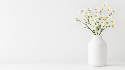 Fototapeta premium Bouquet of fresh white chamomile flowers in a ceramic vase on a white table against a clean wall.