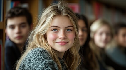 A young woman is smiling at the camera in a library
