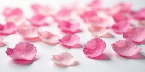 Obraz premium Soft pink rose petals scattered on a white surface, mindfulness, relaxation