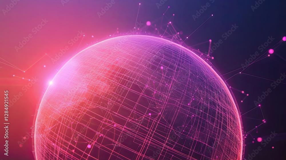 Poster 3d wireframe globe with digital grid lines and glowing points representing global connectivity.