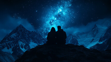 A silhouette of a romantic couple sitting together on a mountain top, gazing at a breathtaking galaxy sky, symbolizing love, connection, tranquility, and the vastness of the universe