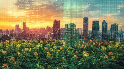 City skyline meets nature with digital overlaying in the sky