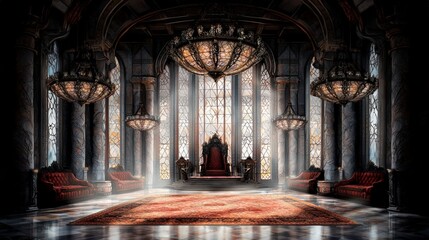 Fototapeta premium Majestic Throne Room Fantasy Palace Interior Ornate Chandeliers Royal Setting Elegan