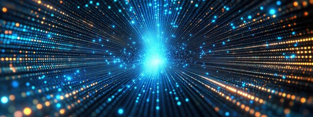 Fototapeta premium Abstract Digital Tunnel of Light Blue and Orange Glowing Particles, Futuristic Technology Background, Cyber Space, Virtual Reality, Data Stream Visualization