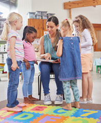 Class, woman teacher and book for knowledge, kindergarten education and point to picture. School,...