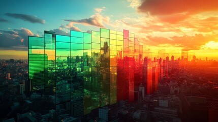 Obraz premium Colorful cityscape reflection in glass facade during sunset hours