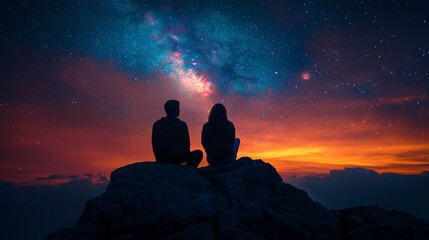 A silhouette of a romantic couple sitting together on a mountain top, gazing at a breathtaking galaxy sky, symbolizing love, connection, tranquility, and the vastness of the universe