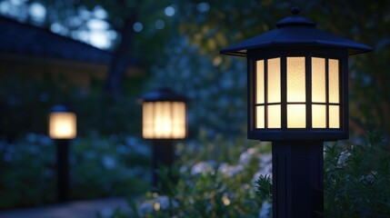 Solar-powered post-top lights along a garden walkway, offering an eco-friendly outdoor lighting solution