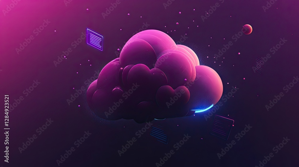 Poster A minimalistic cloud with glowing particles and floating data symbols, representing cloud computing. -