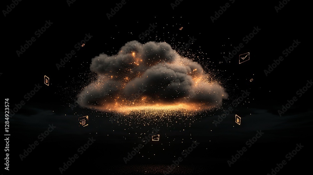 Poster a minimalistic cloud with glowing particles and floating data symbols, representing cloud computing.