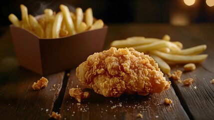 Fried Chicken and Fries in Cardboard Box / 段ボール箱に入ったフライドチキンとフライドポテト