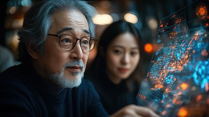 Senior man and woman examining a digital futuristic display