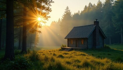 The small cabin's chimney rises above the trees as morning sunlight breaks slowly, serene, dewy