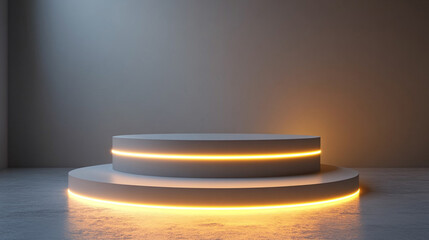 A silver pedestal platform display with a neon modern stand podium on a white room background, symbolizing simplicity, elegance, and potential. Ideal for showcasing products or exhibitions