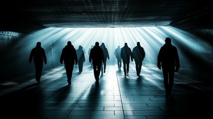 Silhouetted figures walk towards bright light at the end of a tunnel.