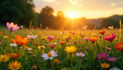 Stunning display of wildflowers in a meadow during golden hour, beauty, vibrant
