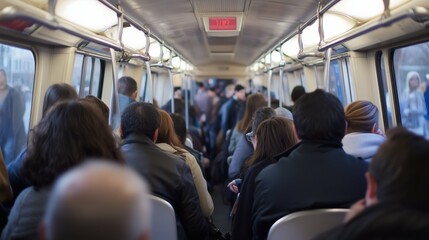 Crowded train interior, commuters traveling during peak hours, public transit