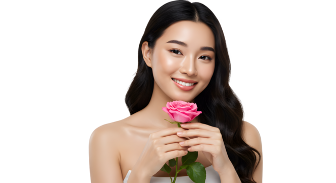 Portrait of a smiling beautiful woman holding a flower with perfect skin, concept of beauty, body and skin care, isolated on transparent background