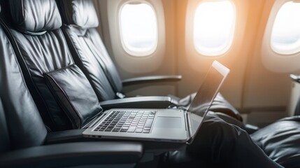 Business Travel and Remote Work with Laptop on Airplane Seat