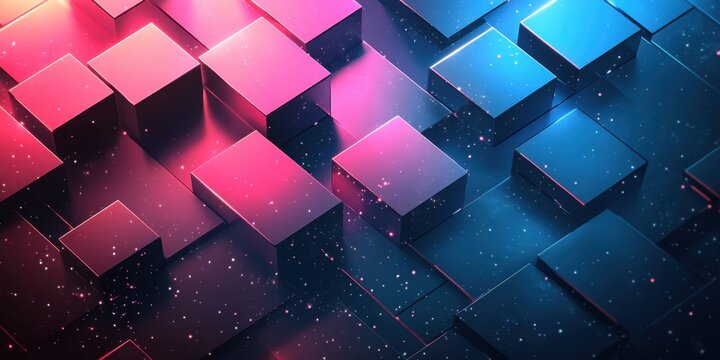 Abstract Digital Art: Neon Cubes in Pink and Blue Hues, Sparkling Digital Landscape - Powered by Adobe