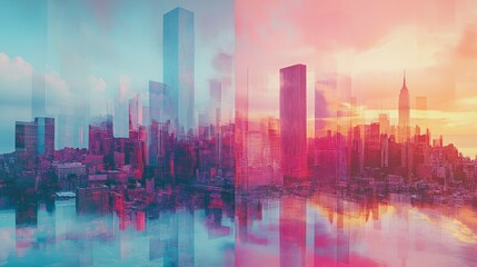 Fototapeta premium Colorful cityscape reflection showcasing multiple perspectives of urban architecture