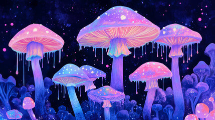 Trippy Style Painting of Mushrooms, in Neon Color Scheme, with Dripping Effects.
