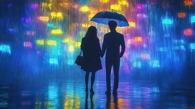 The couple shares an umbrella while walking together in rain