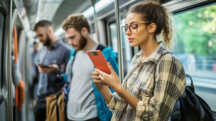 Commuters use mobile devices during their daily public transportation routine.