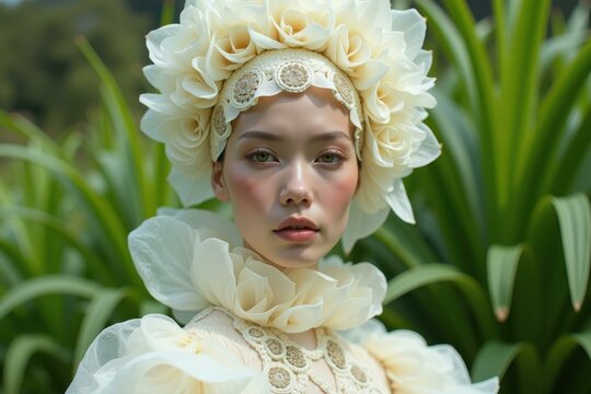 Young woman in elegant cream floral dress and headpiece posing outdoors, fashion portrait for editorial, bridal inspiration, natural green blurred background, soft light, serene mood