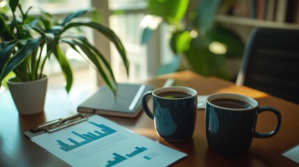Workplace meeting setup with coffee mugs, an agenda document, and business planning materials