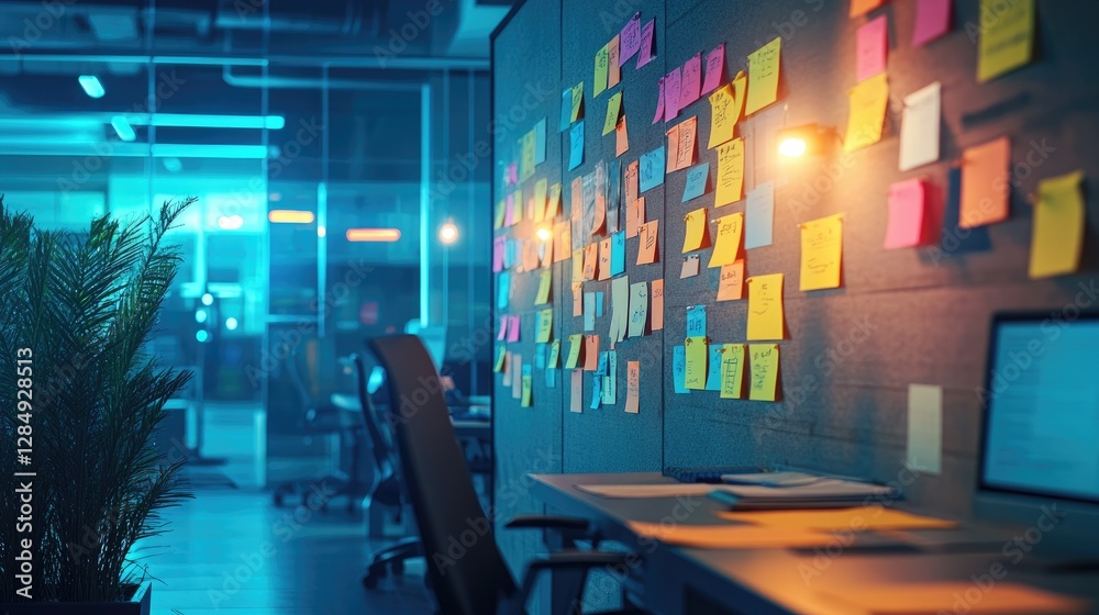 Poster workspace with printed project plans, sticky notes, and data-driven workflow optimizations
