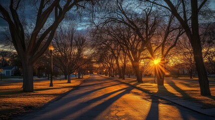 Streetlights illuminating tree-lined streets at night, casting long shadows on the ground