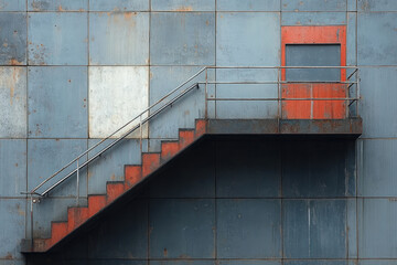 an old metal wall with rust, with an external staircase with metal railings running along it. The staircase leads to a closed red door on the second level. 