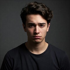 Fototapeta premium Portrait of young man with sad face expression on gray background