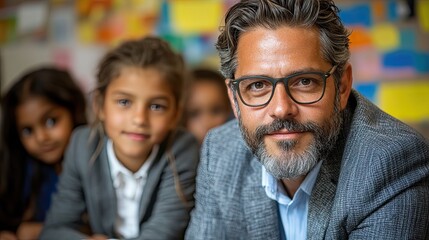 A teacher and students posing in front of a classroom