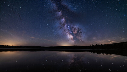 Naklejka premium Starry night sky reflected on calm lake