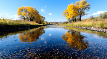 Fototapeta premium Autumn River Reflection Golden trees mirror in calm water, hills in background; nature scene