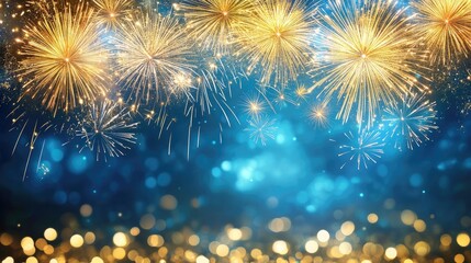 Vibrant fireworks illuminating the night sky with golden and blue hues, celebrating New Year