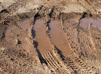 Tire tyre tracks imprinted in a muddy patch of ground