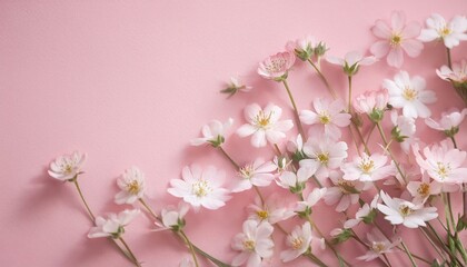 Obraz premium 핑크빛 종이 위에 작은 들꽃들이 자연스럽게 흩어져 있다